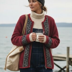 Woolrich Vtg Red & Grey Waffle Knit Zip Cardigan Sweater M Fairisland Cotton